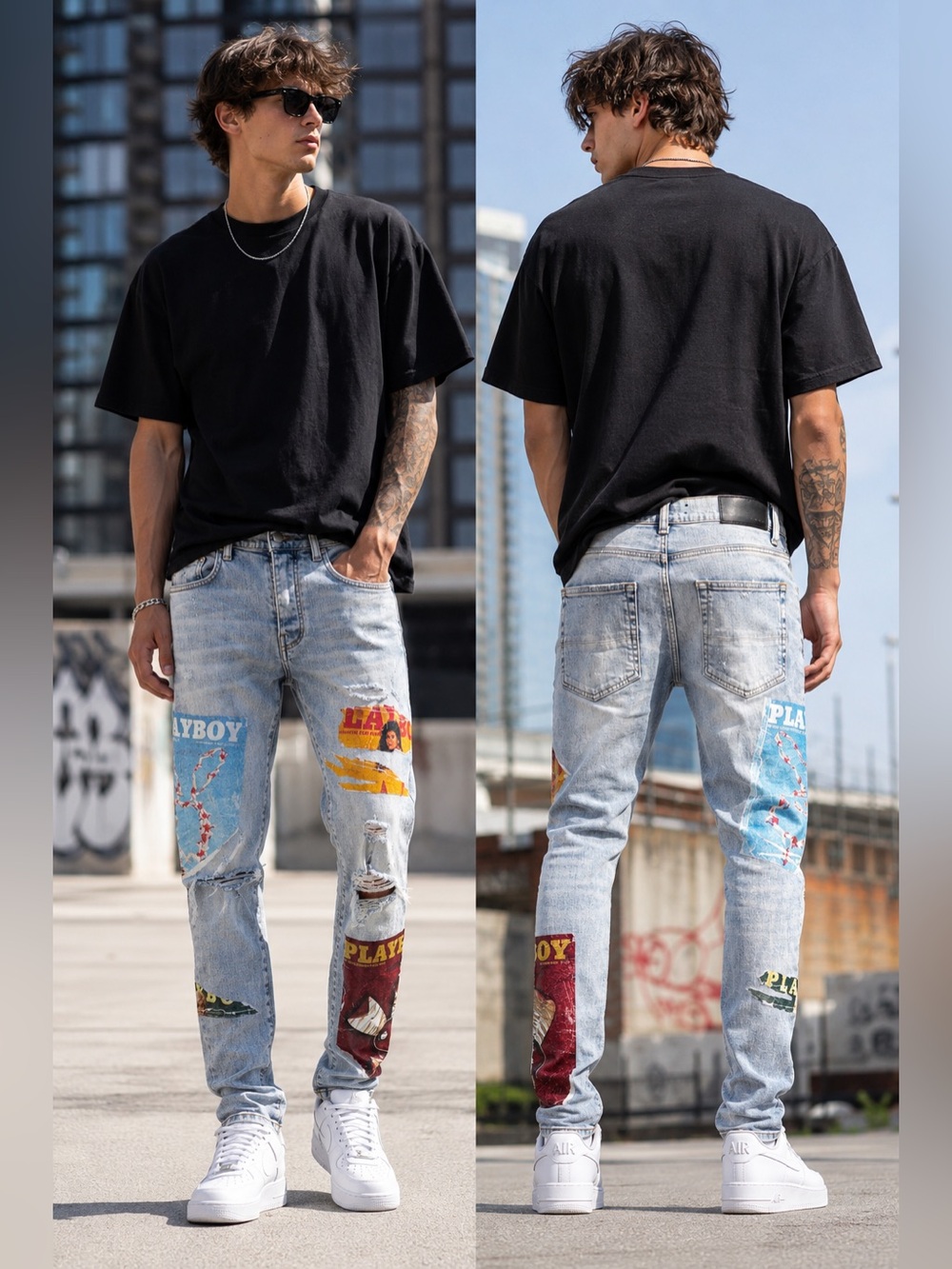 Amiri Graphic Print Jeans Size 28 Distressed Knees USA Made Designer Denim Slim